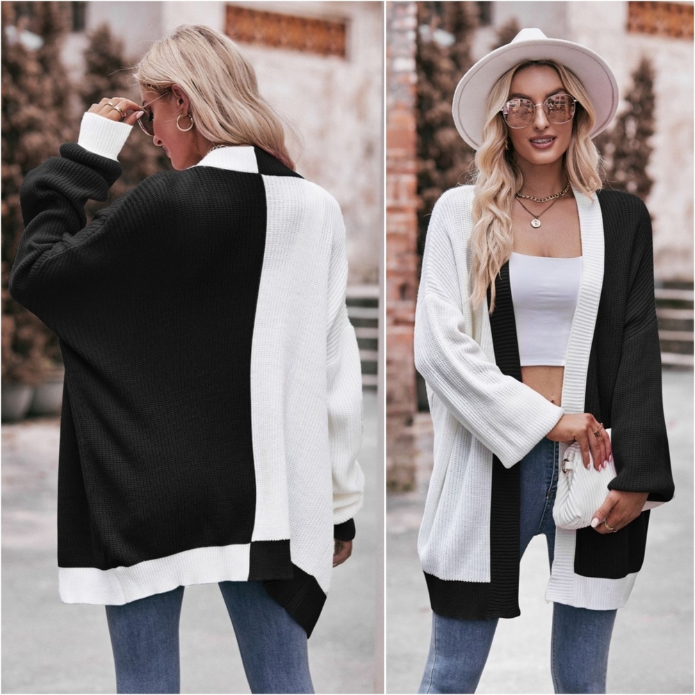 Contrast Open Front Cardigan - Black - Picture 1 of 5